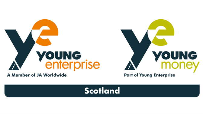 Young Enterprise Scotland logo. Young Enterprise and Young Money brands in black and orange and black and lime green